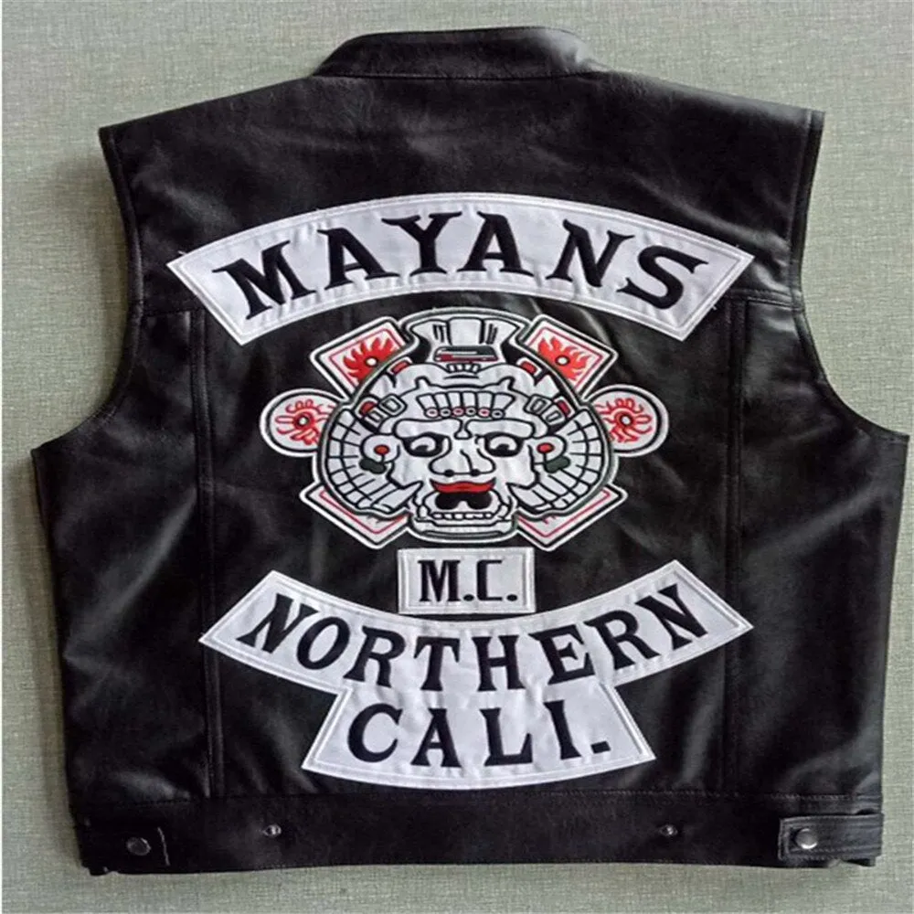 2020 Men's Sons Of Anarchy Embroidery Leather Vest Cosplay Costume Black Color Motorcycle Rock Punk sleeveless Mayans MC Jackets