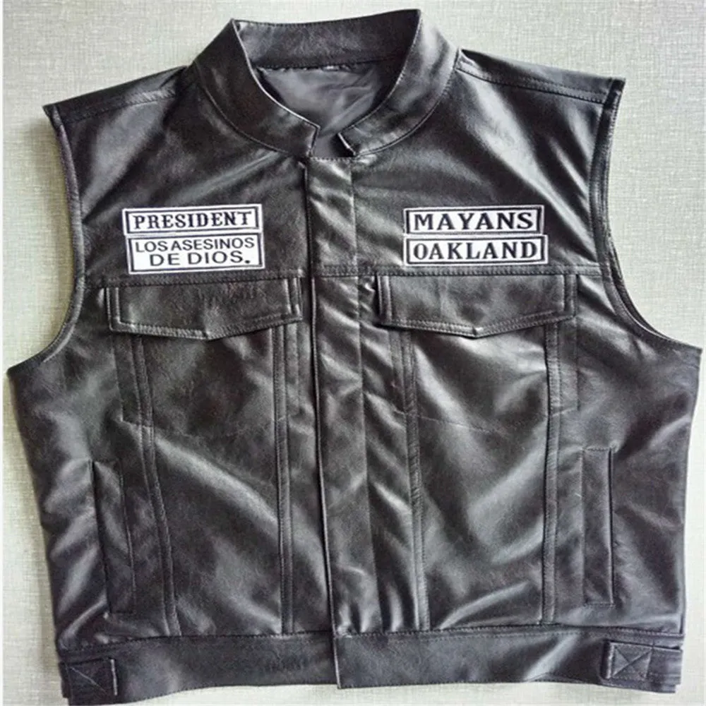 2020 Men's Sons Of Anarchy Embroidery Leather Vest Cosplay Costume Black Color Motorcycle Rock Punk sleeveless Mayans MC Jackets