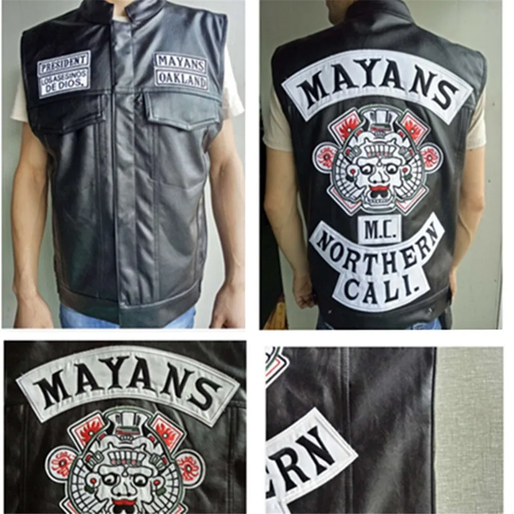 2020 Men's Sons Of Anarchy Embroidery Leather Vest Cosplay Costume Black Color Motorcycle Rock Punk sleeveless Mayans MC Jackets