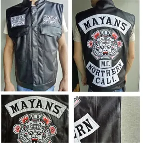 2020 Men's Sons Of Anarchy Embroidery Leather Vest Cosplay Costume Black Color Motorcycle Rock Punk sleeveless Mayans MC Jackets