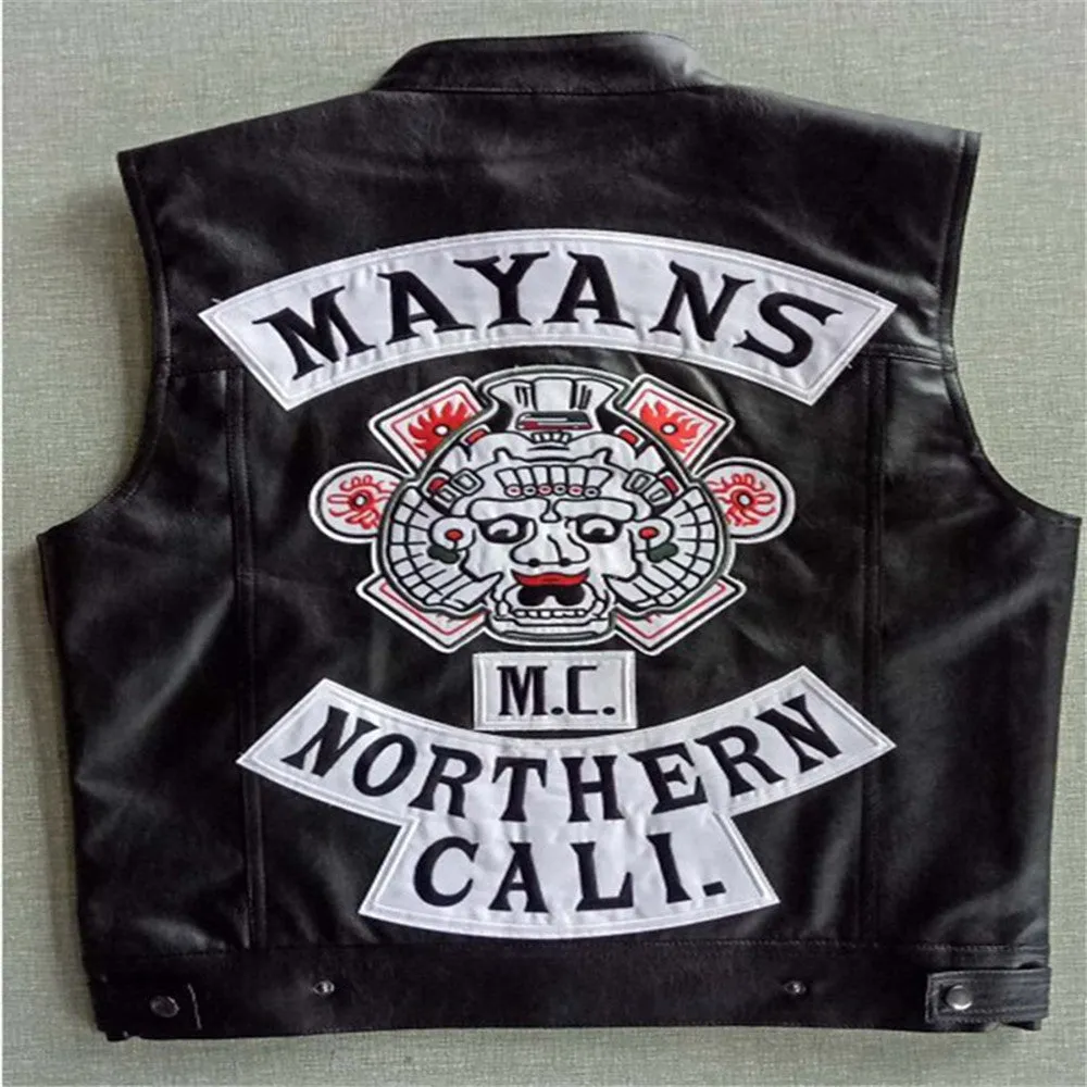 2020 Men's Sons Of Anarchy Embroidery Leather Vest Cosplay Costume Black Color Motorcycle Rock Punk sleeveless Mayans MC Jackets