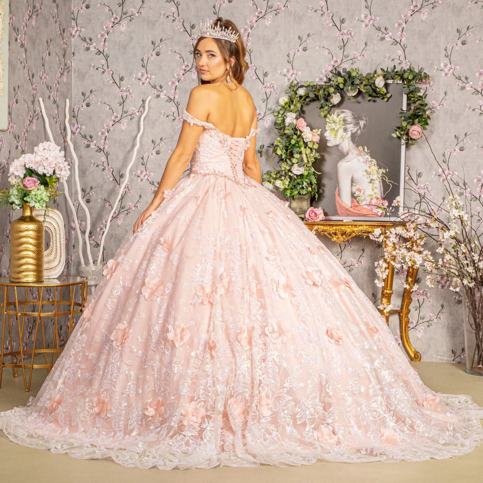 3D Butterfly Applique Jewel Sequin Quinceanera Ball Dress GLGL3183
