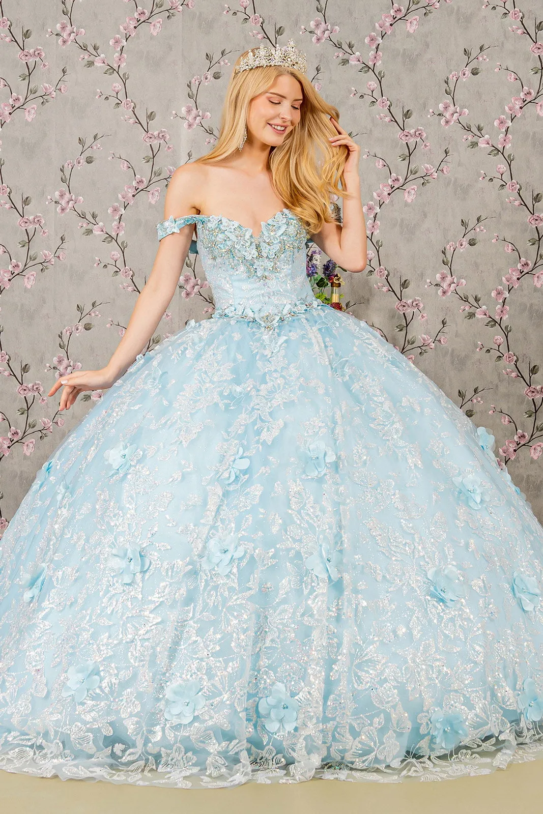 3D Butterfly Applique Jewel Sequin Quinceanera Ball Dress GLGL3183