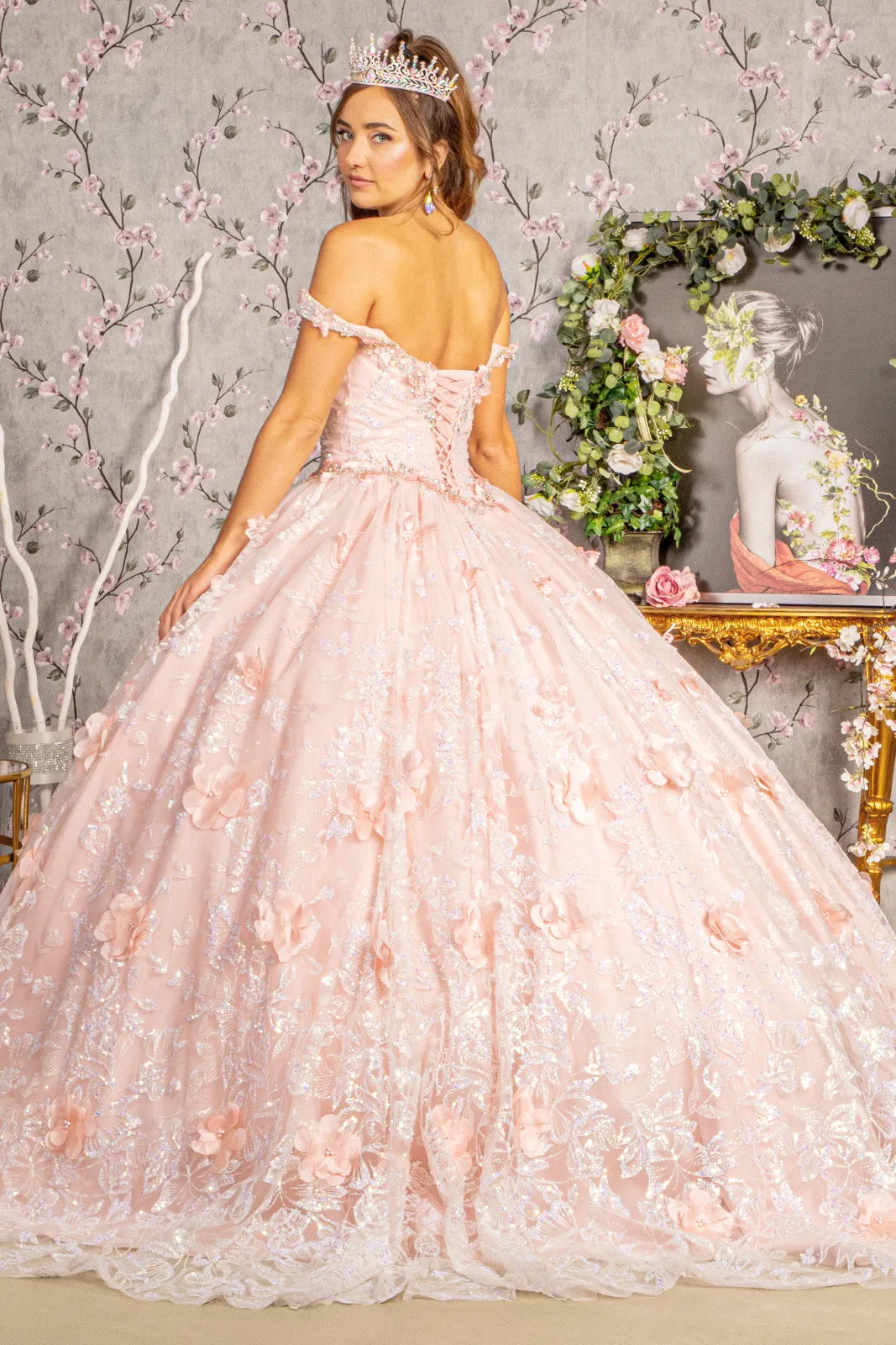 3D Butterfly Applique Jewel Sequin Quinceanera Ball Dress GLGL3183