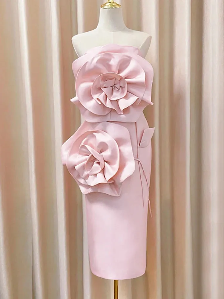 3D Floral Strapless Solid Mid-Calf Dress