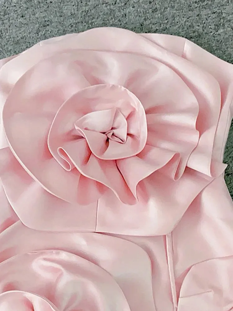 3D Floral Strapless Solid Mid-Calf Dress