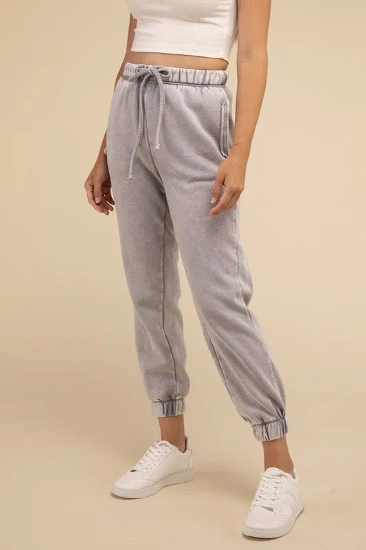 Acid Wash Fleece Sweatpants with Pockets (DROPSHIPPING)