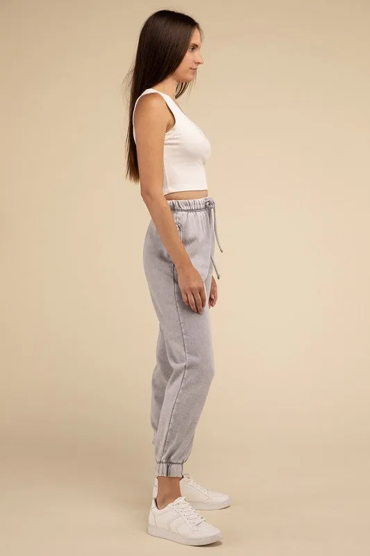 Acid Wash Fleece Sweatpants with Pockets (DROPSHIPPING)