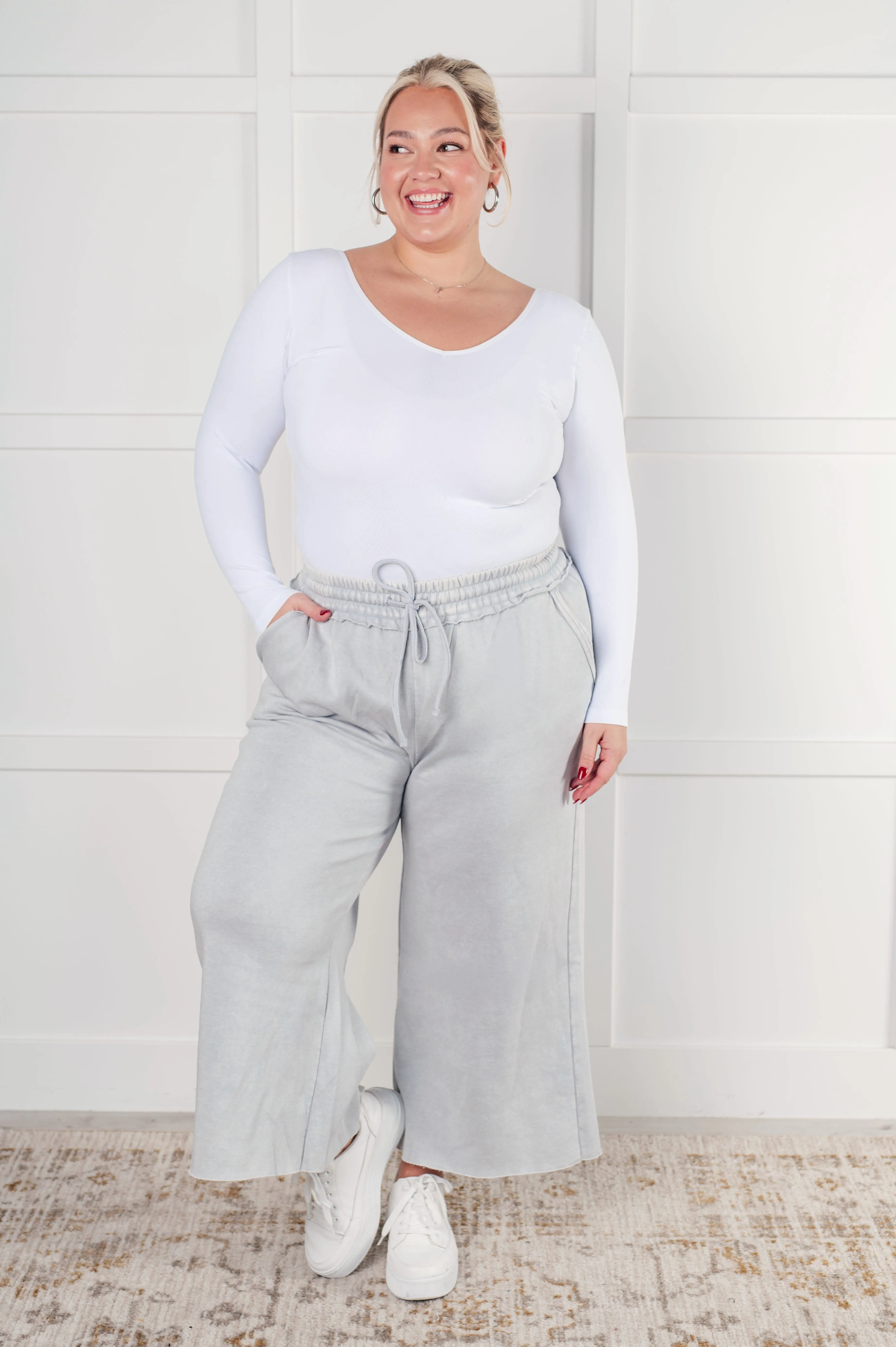 Acid Wash Fleece Wide Leg Cropped Sweatpants - Light Grey