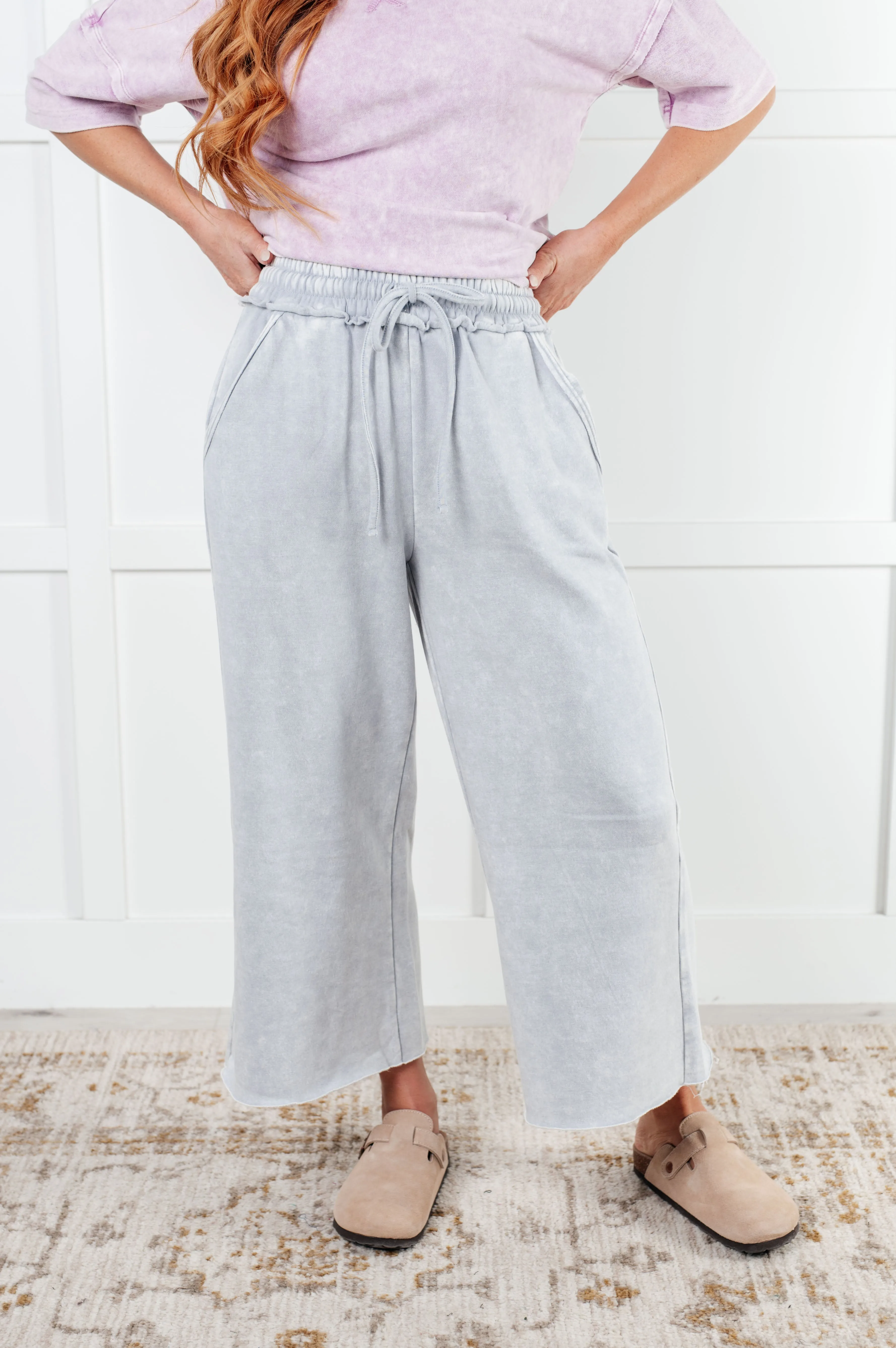 Acid Wash Fleece Wide Leg Cropped Sweatpants - Light Grey