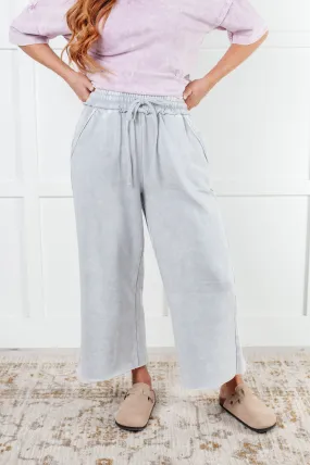 Acid Wash Fleece Wide Leg Cropped Sweatpants - Light Grey