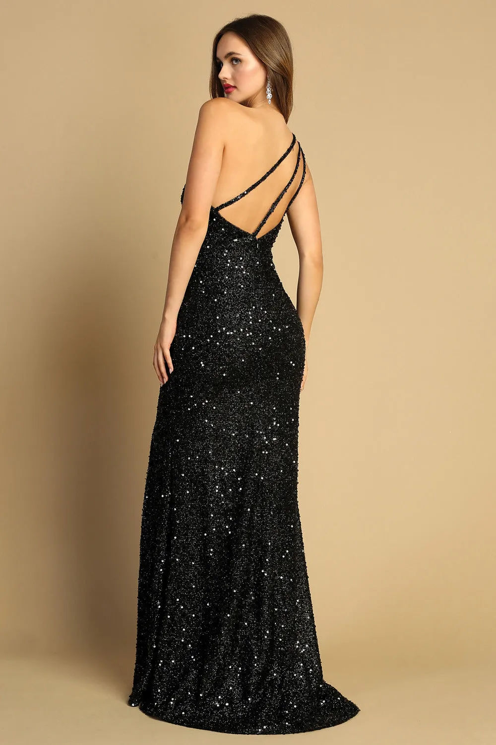 AD 3121 - Full Sequin One Shoulder Prom Gown with Leg Slit & Strappy Back