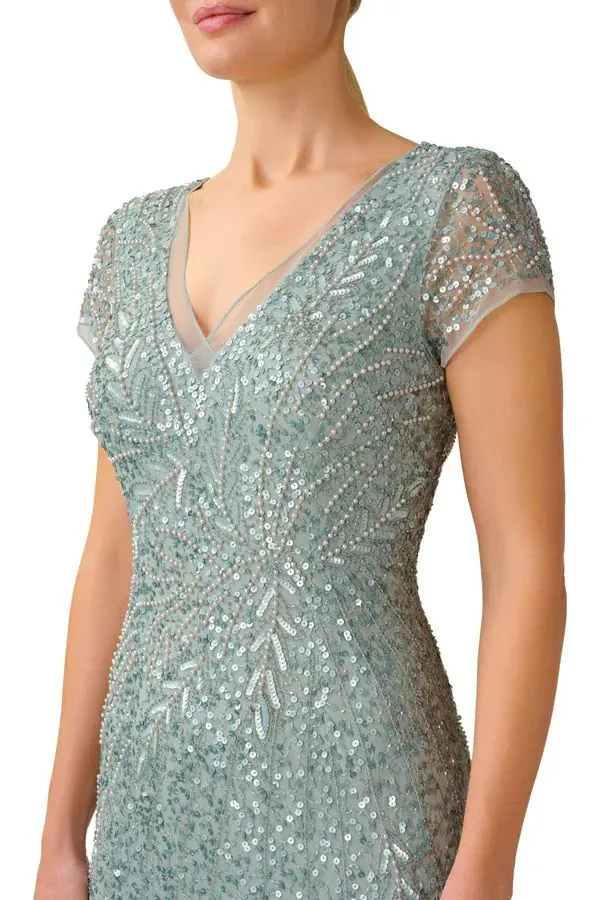 Adrianna Papell Sequin Beaded Short Sleeve V-Neck Mermaid Gown