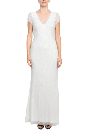 Adrianna Papell Sequin Beaded Short Sleeve V-Neck Mermaid Gown