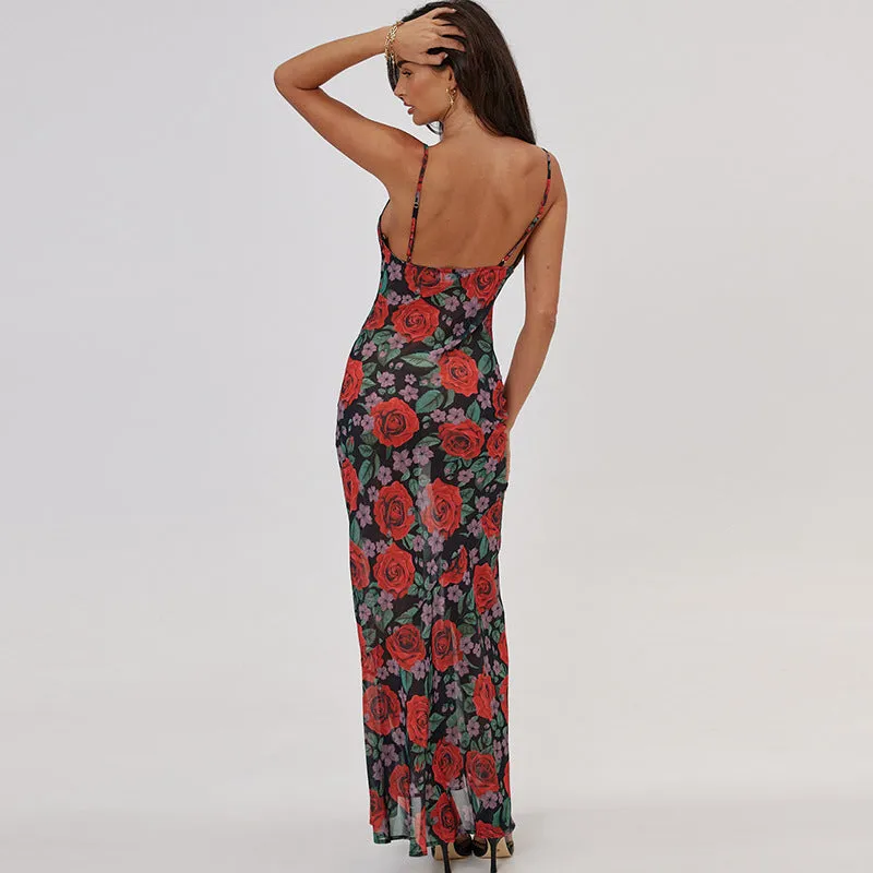 Amozae-Christmas Outfits New Year's Eve Dress Night Out Club Dresses cute winter outfits Laela Floral Print Mesh Maxi Dress