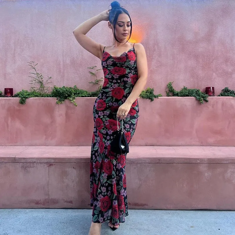 Amozae-Christmas Outfits New Year's Eve Dress Night Out Club Dresses cute winter outfits Laela Floral Print Mesh Maxi Dress