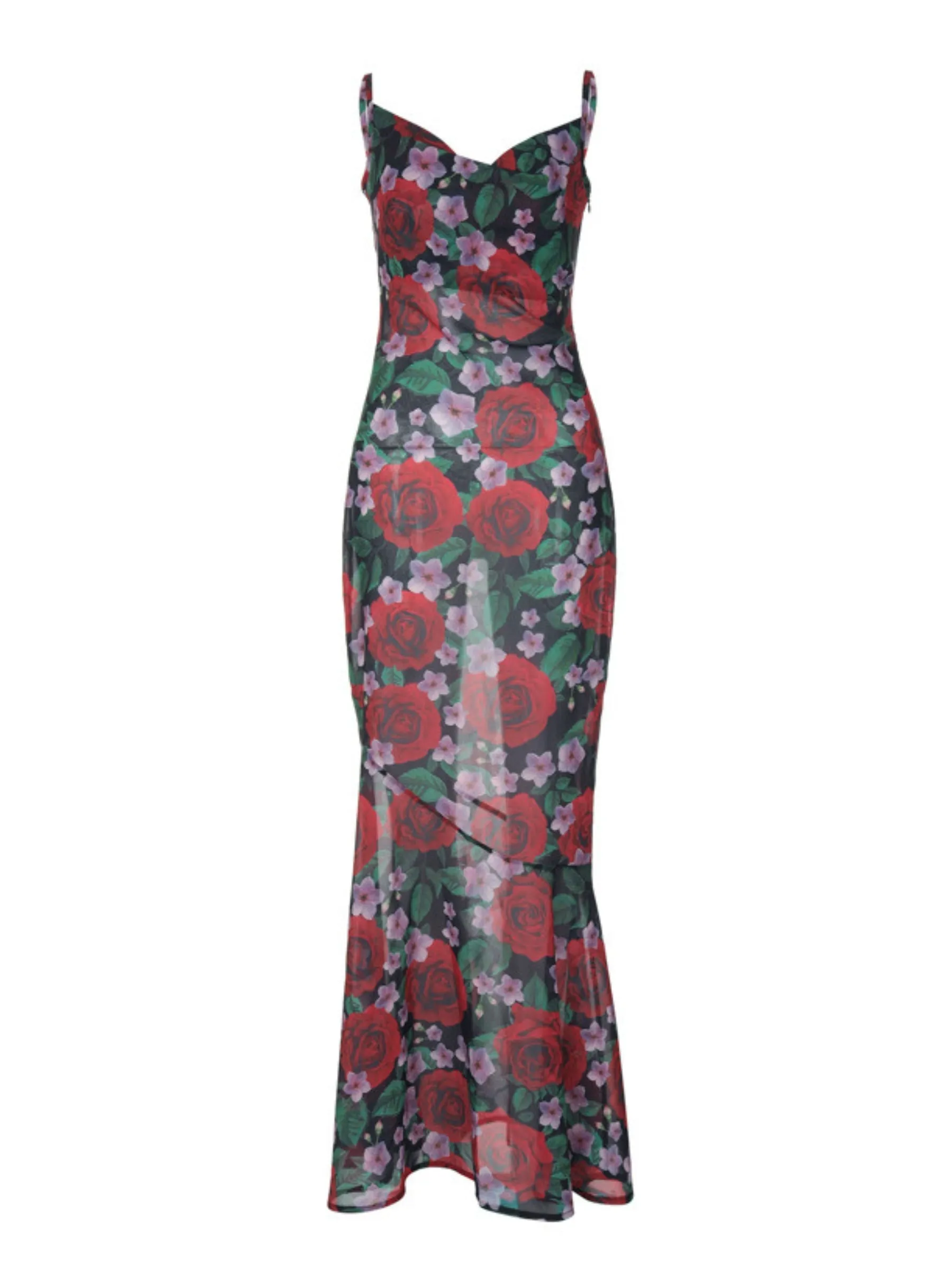 Amozae-Christmas Outfits New Year's Eve Dress Night Out Club Dresses cute winter outfits Laela Floral Print Mesh Maxi Dress