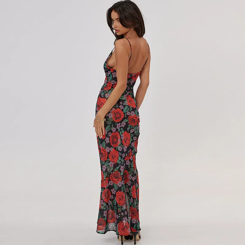 Amozae-Christmas Outfits New Year's Eve Dress Night Out Club Dresses cute winter outfits Laela Floral Print Mesh Maxi Dress