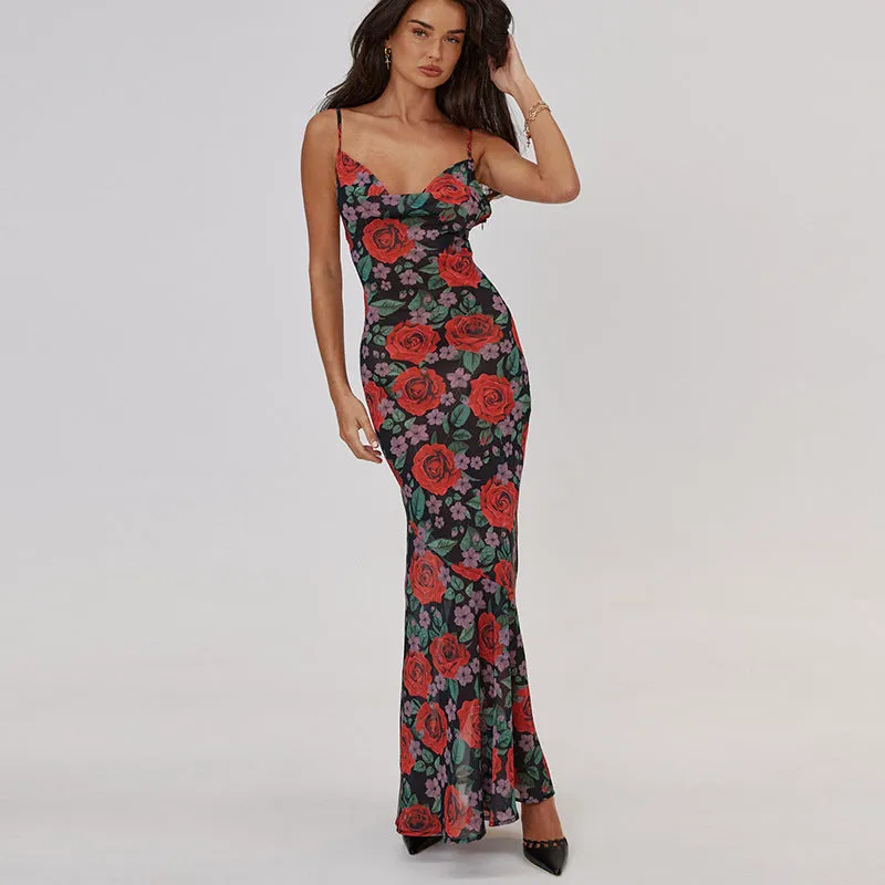 Amozae-Christmas Outfits New Year's Eve Dress Night Out Club Dresses cute winter outfits Laela Floral Print Mesh Maxi Dress