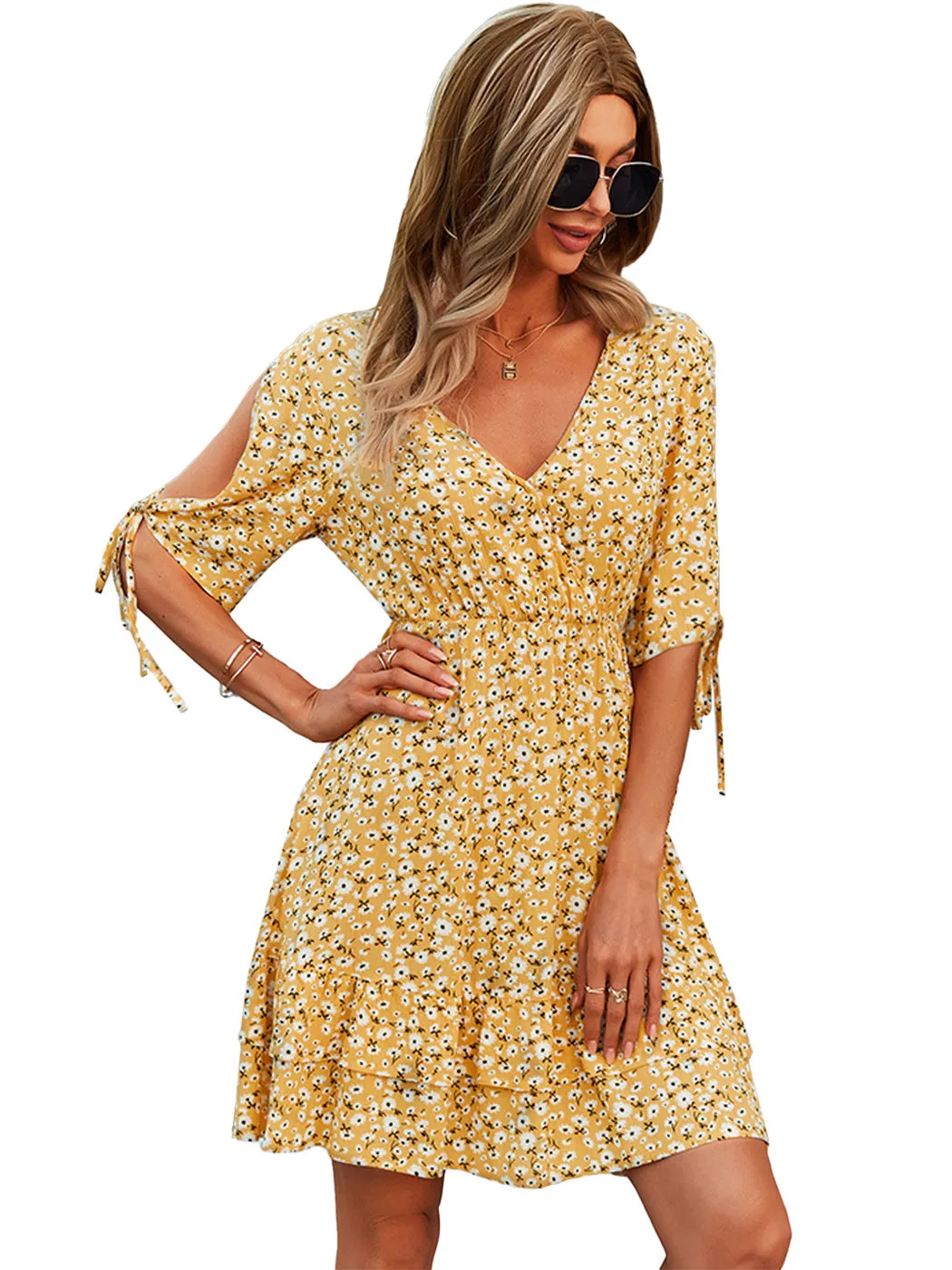 Anna-Kaci Women's Floral Print Flowy Mini Dress V-Neck Half Sleeves Tunic Dresses