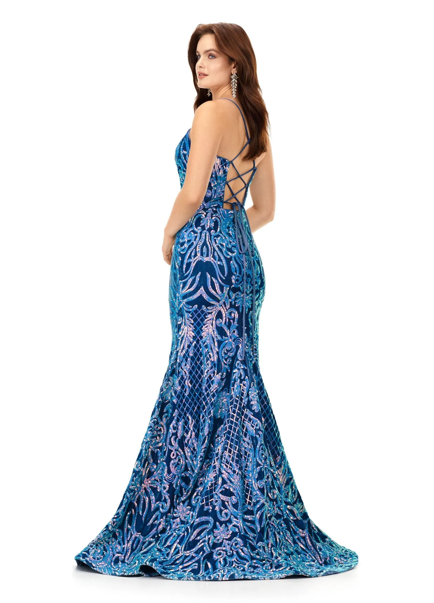 Ashley Lauren 11331 Spaghetti Strap Velvet Sequin Gown with Lace Up Back
