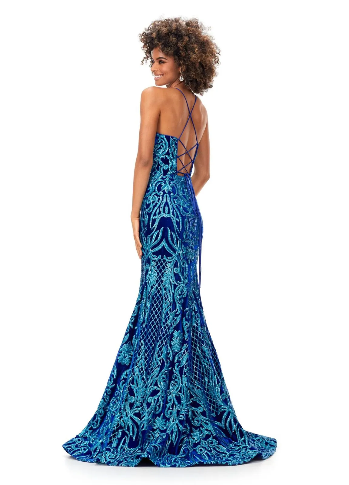 Ashley Lauren 11331 Spaghetti Strap Velvet Sequin Gown with Lace Up Back