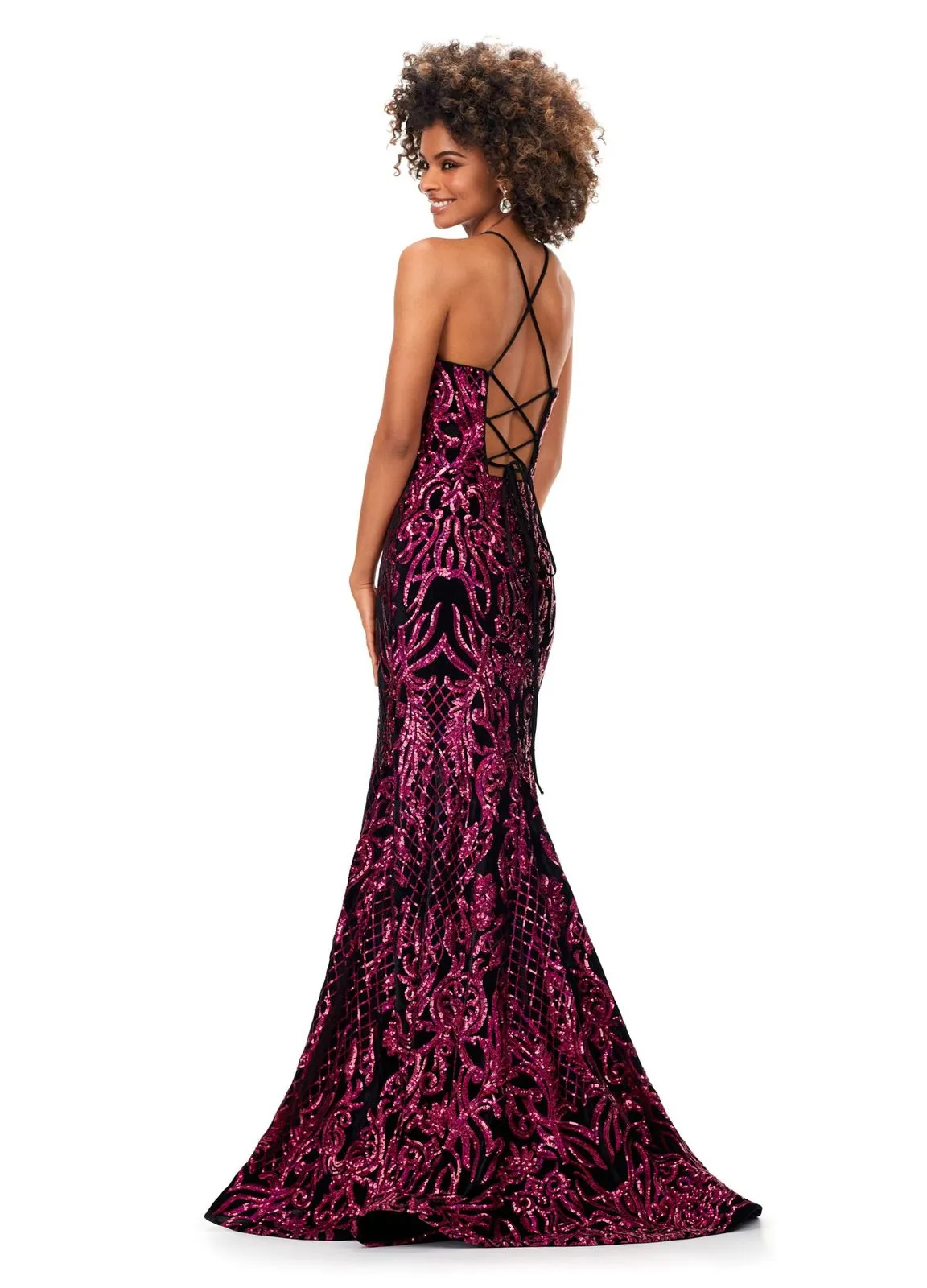 Ashley Lauren 11331 Spaghetti Strap Velvet Sequin Gown with Lace Up Back