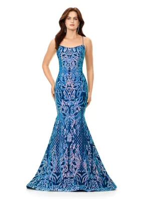 Ashley Lauren 11331 Spaghetti Strap Velvet Sequin Gown with Lace Up Back