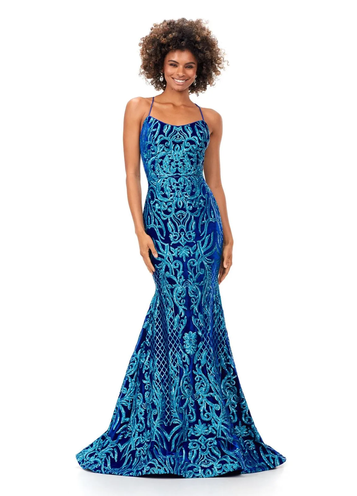 Ashley Lauren 11331 Spaghetti Strap Velvet Sequin Gown with Lace Up Back