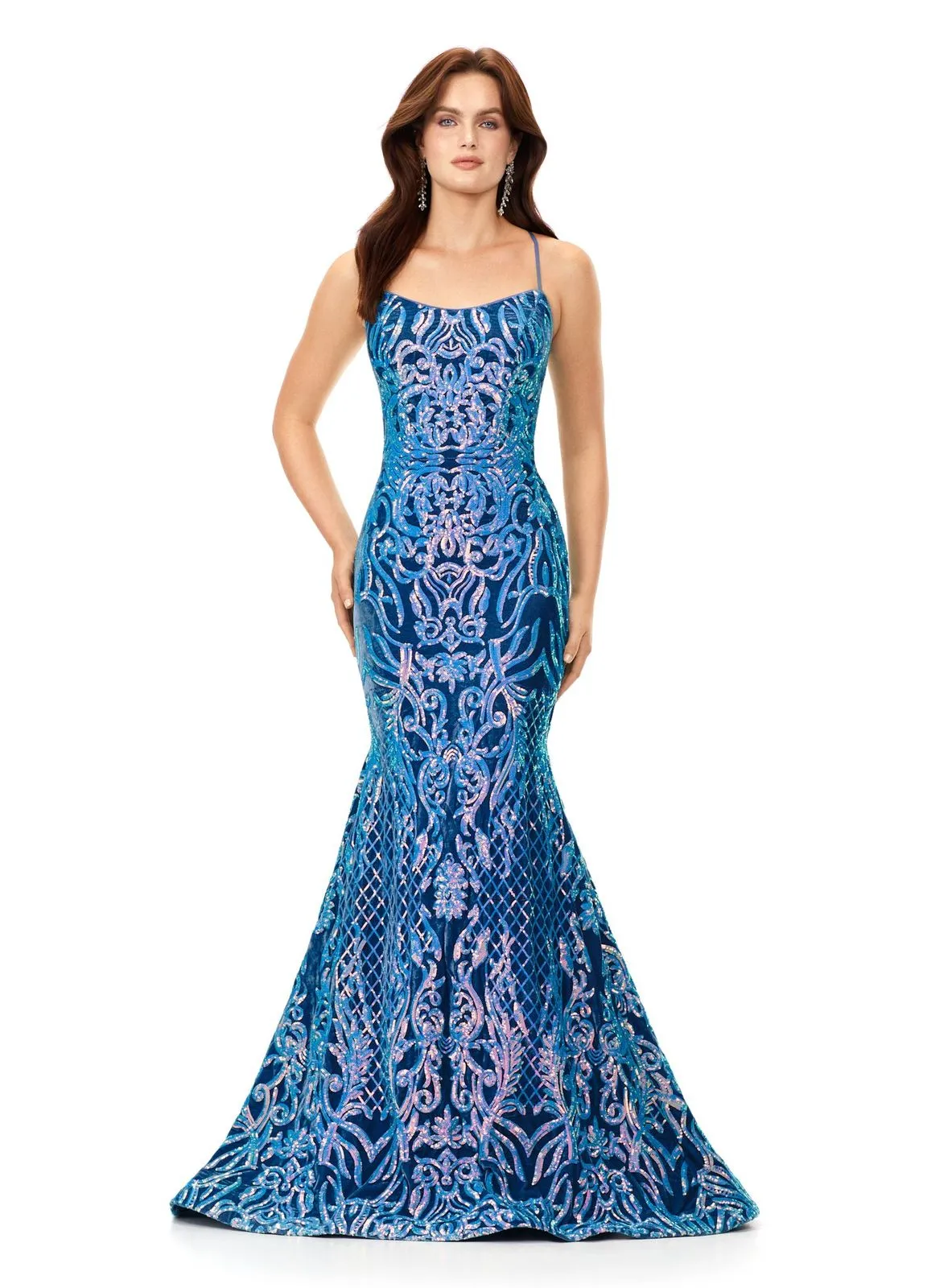 Ashley Lauren 11331 Spaghetti Strap Velvet Sequin Gown with Lace Up Back