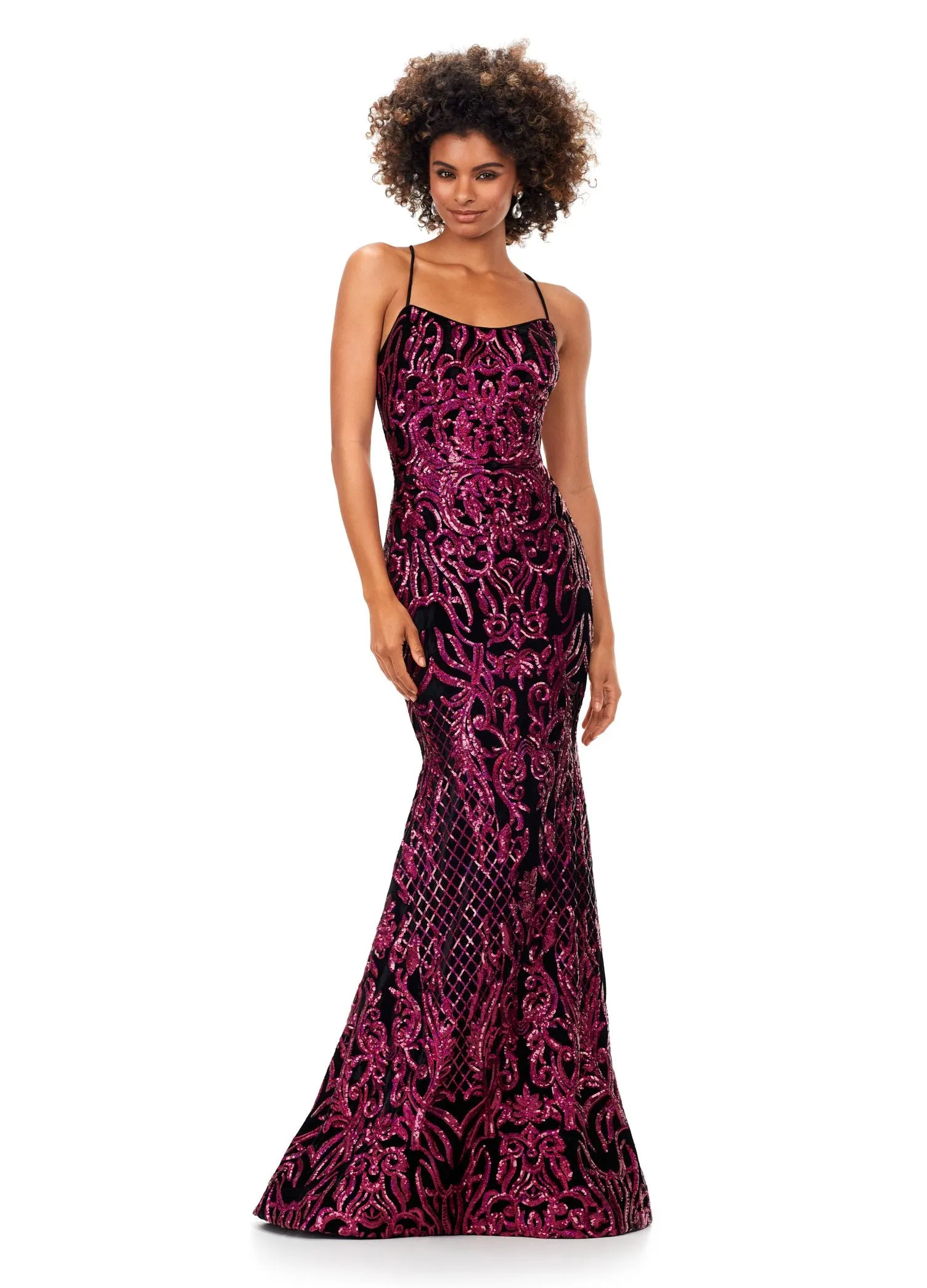 Ashley Lauren 11331 Spaghetti Strap Velvet Sequin Gown with Lace Up Back