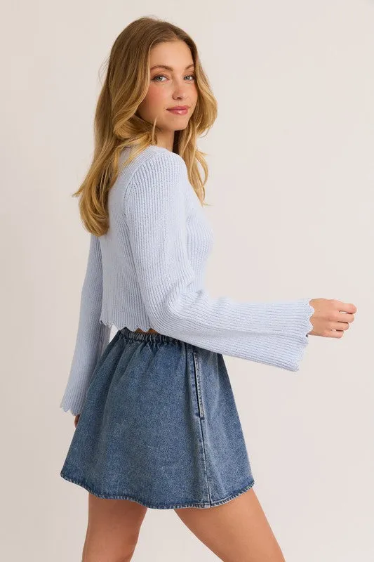 Aspen Long Bell Sleeve Scalloped Cropped Sweater Top Blue