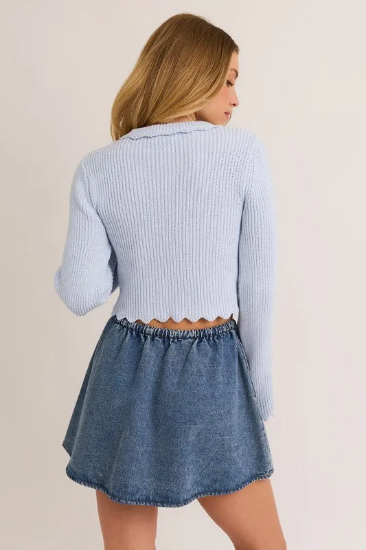 Aspen Long Bell Sleeve Scalloped Cropped Sweater Top Blue