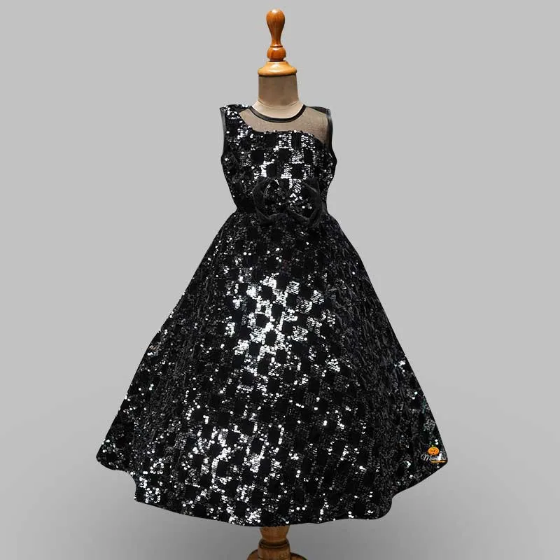 Black Sequin Bow Gown for Girls