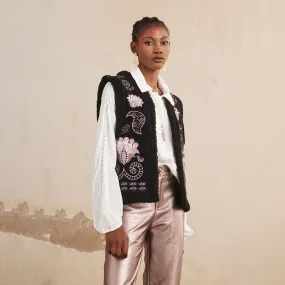 Black 'Sitara' Paisley Embroidered Vest by NKN Nekane