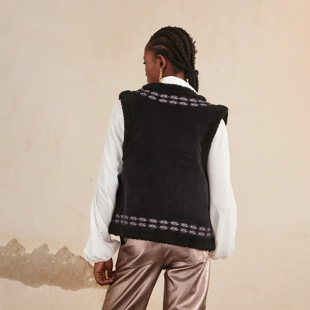 Black 'Sitara' Paisley Embroidered Vest by NKN Nekane