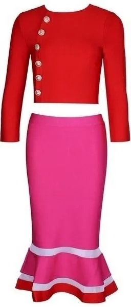 Button-Embellished Stretch Top & Skirt Set