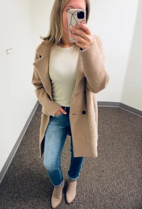 Camel Brushed Chevron Double Breasted Coat