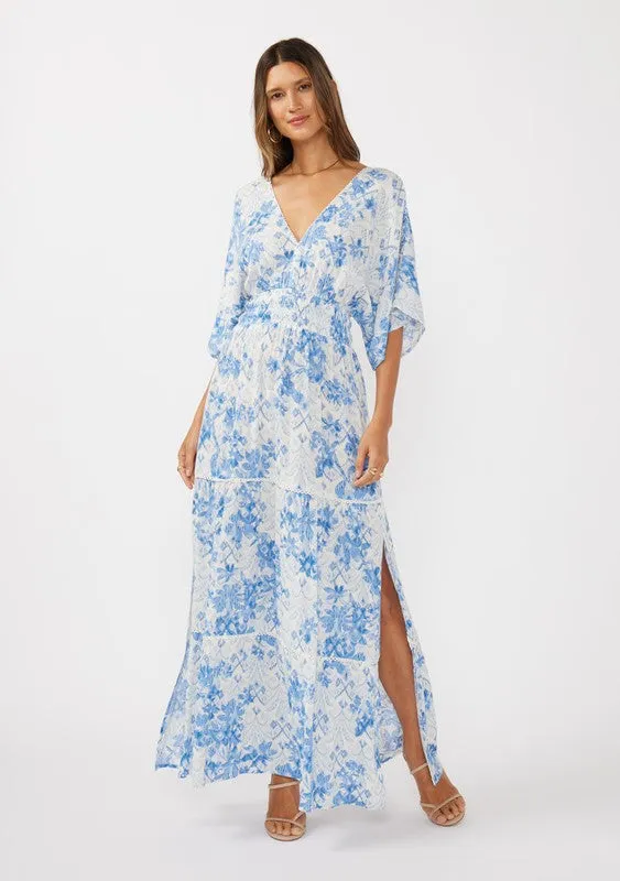 Cecily Kimono Sleeve Floral Print Maxi Dress Blue
