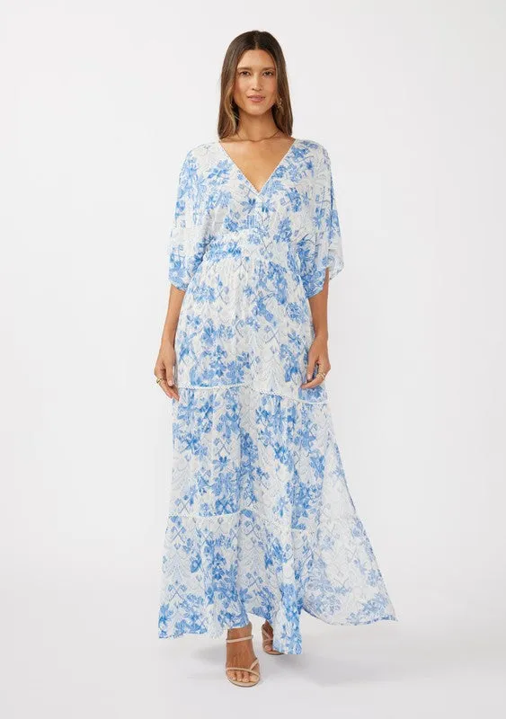 Cecily Kimono Sleeve Floral Print Maxi Dress Blue
