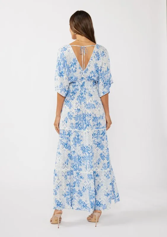 Cecily Kimono Sleeve Floral Print Maxi Dress Blue