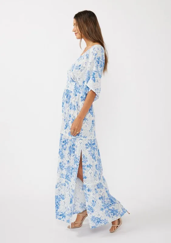 Cecily Kimono Sleeve Floral Print Maxi Dress Blue