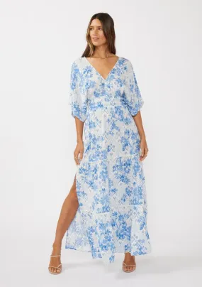 Cecily Kimono Sleeve Floral Print Maxi Dress Blue