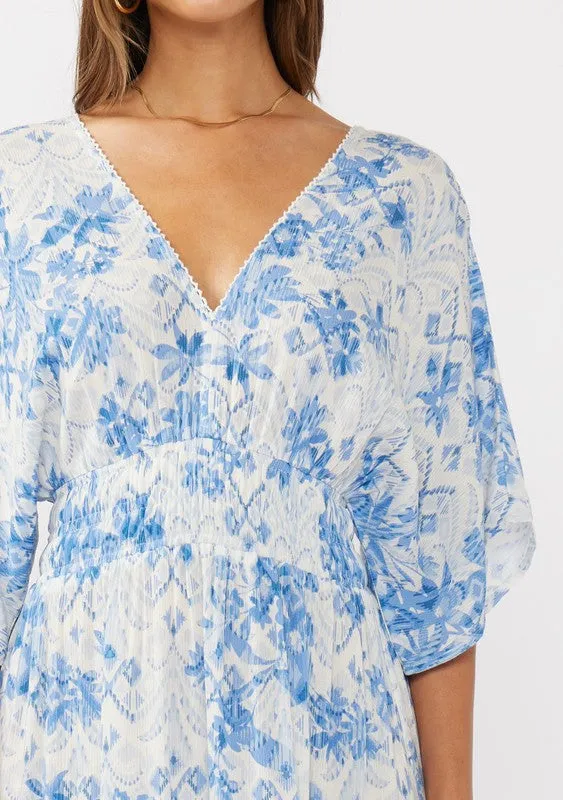Cecily Kimono Sleeve Floral Print Maxi Dress Blue