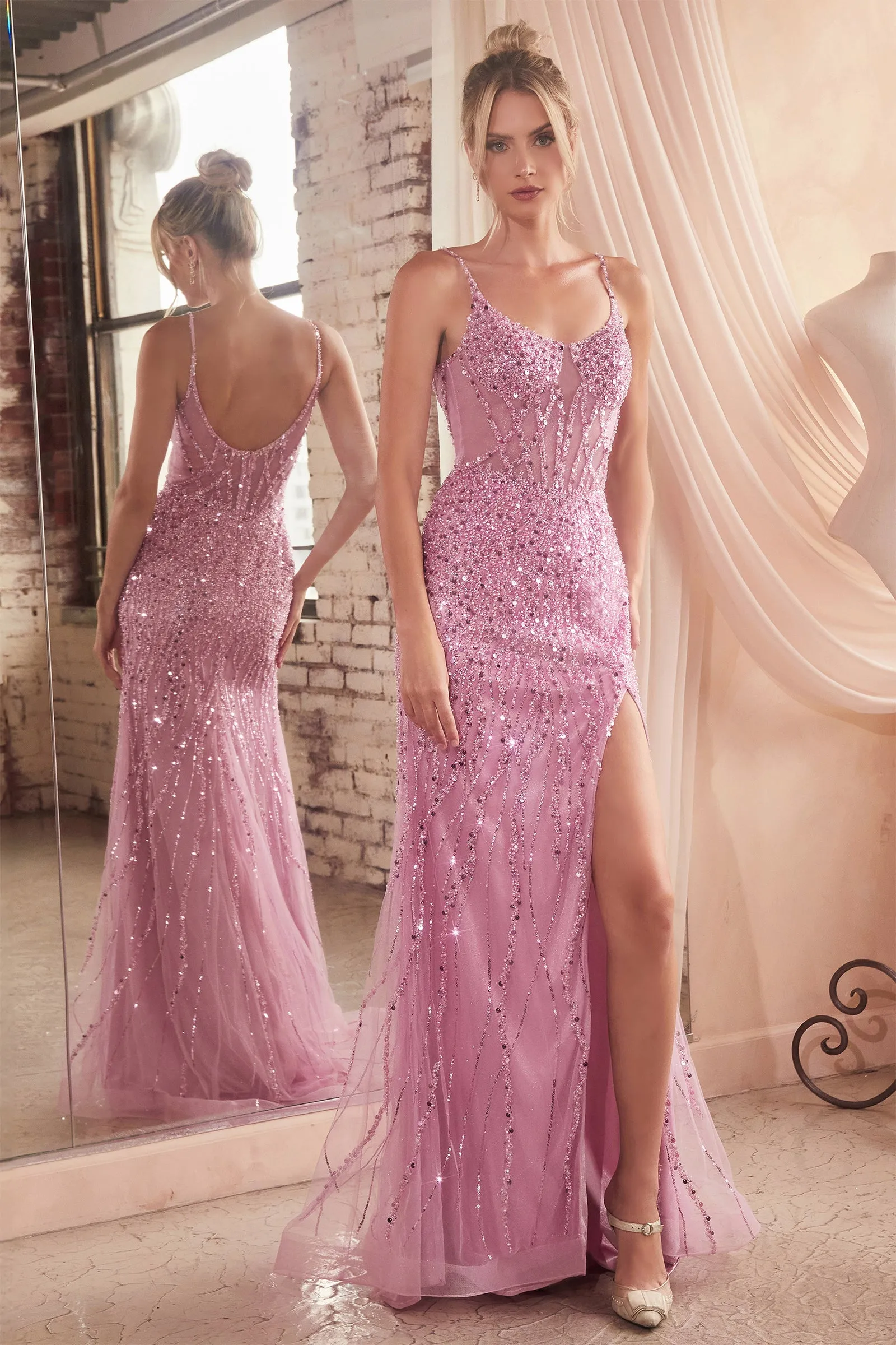 CINDERELLA DIVINE CD0220 Fitted Glisten Sequin Gown with High Slit