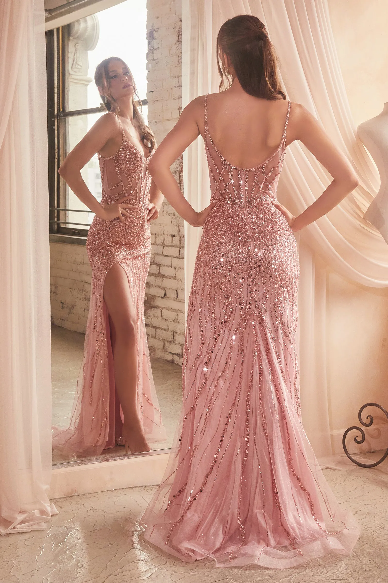CINDERELLA DIVINE CD0220 Fitted Glisten Sequin Gown with High Slit