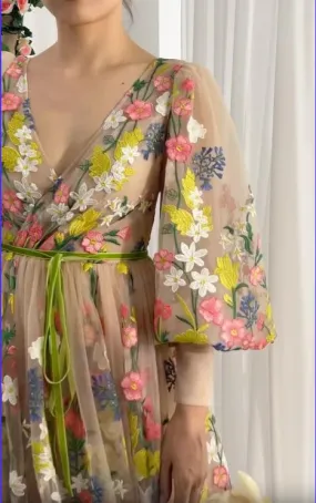 Colorful Floral Embroidered V-Neck Dress