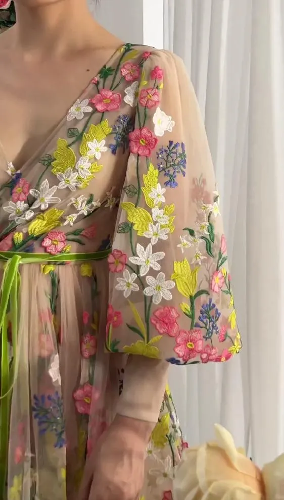 Colorful Floral Embroidered V-Neck Dress