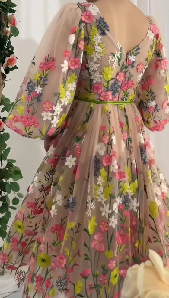 Colorful Floral Embroidered V-Neck Dress