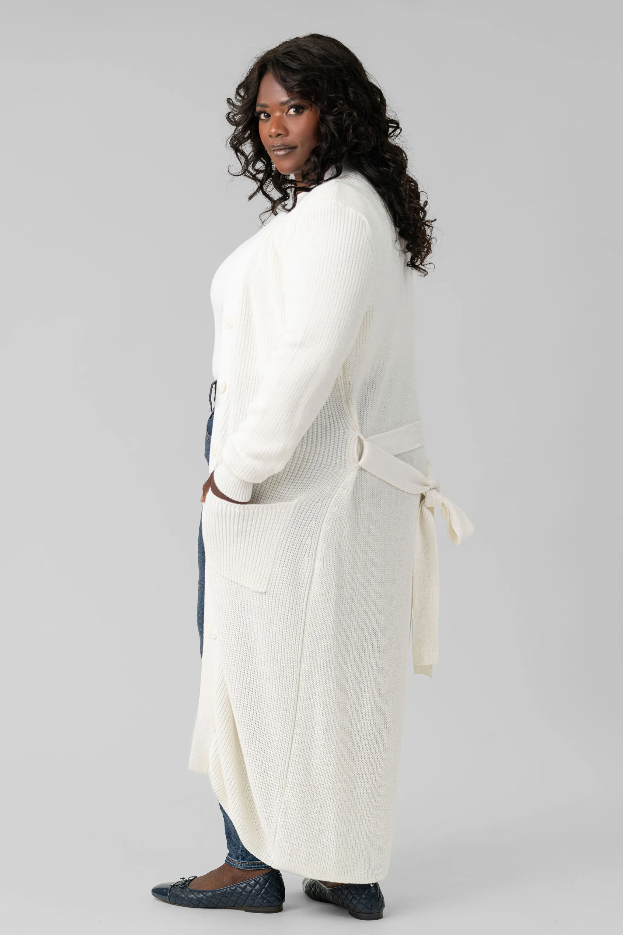COTTON / CASHMERE BELTED RIBBED LONG CARDIGAN
